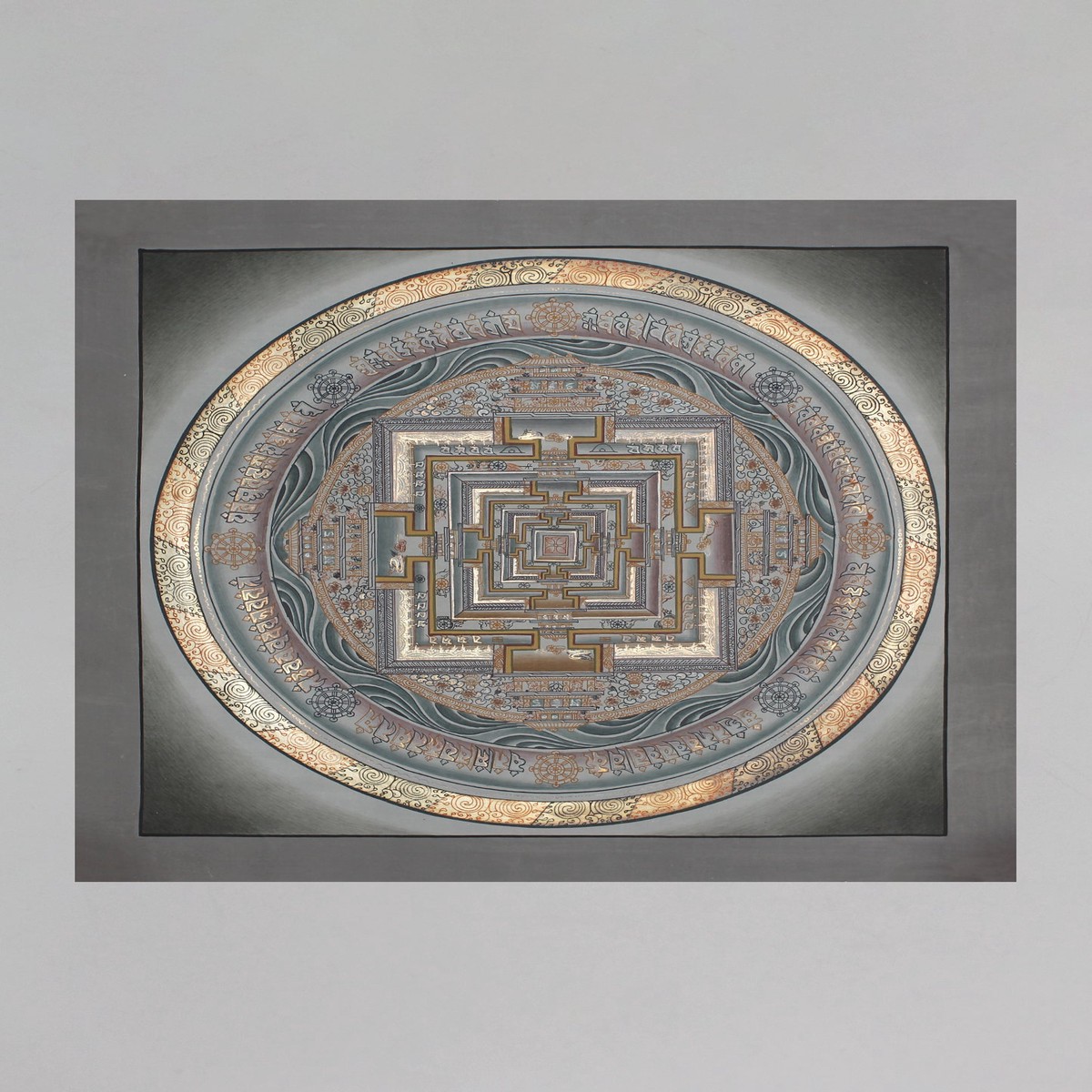 Gray Kalachakra Mandala Hand Painted Thangka