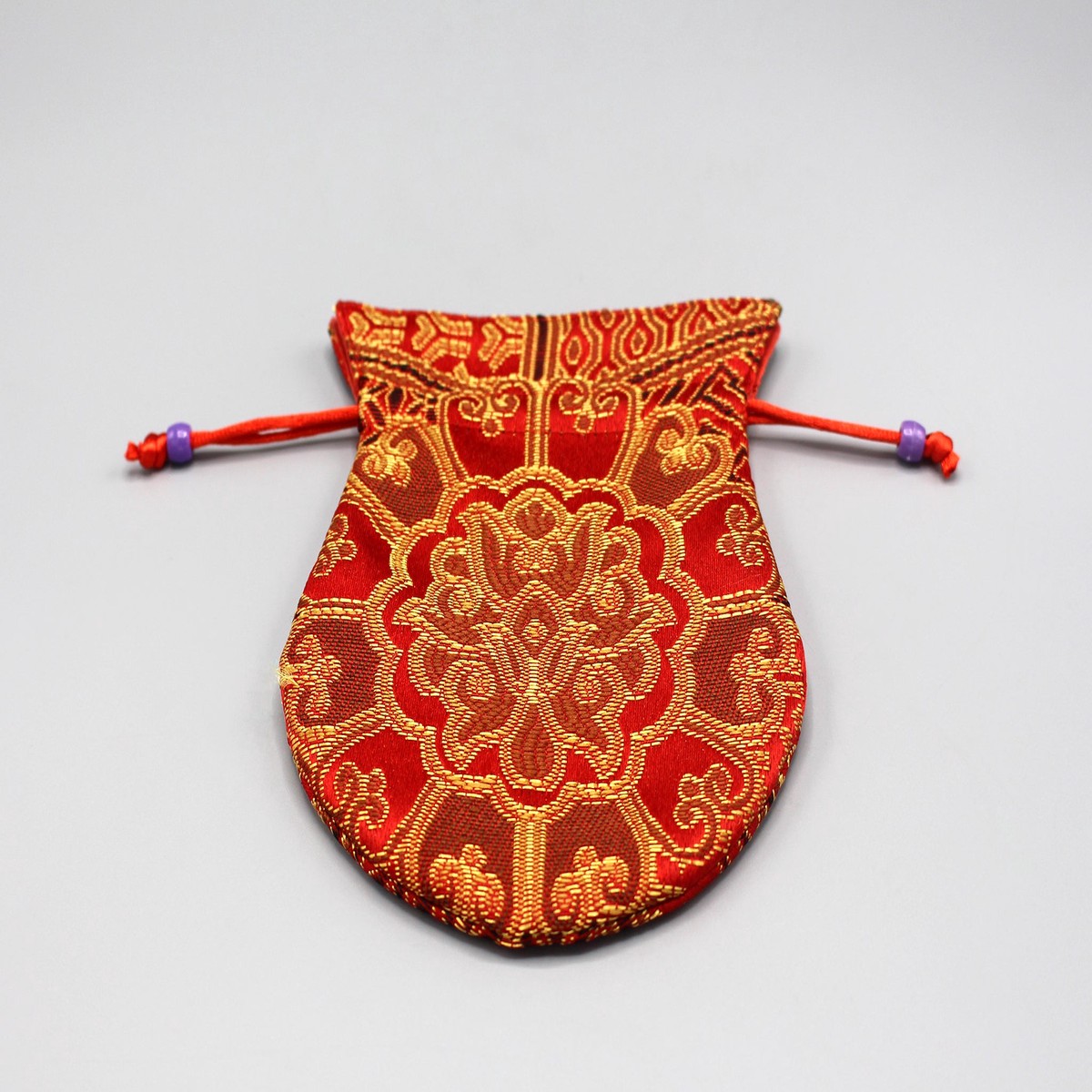 Brocade Red Flower Drawstring Mala Bag