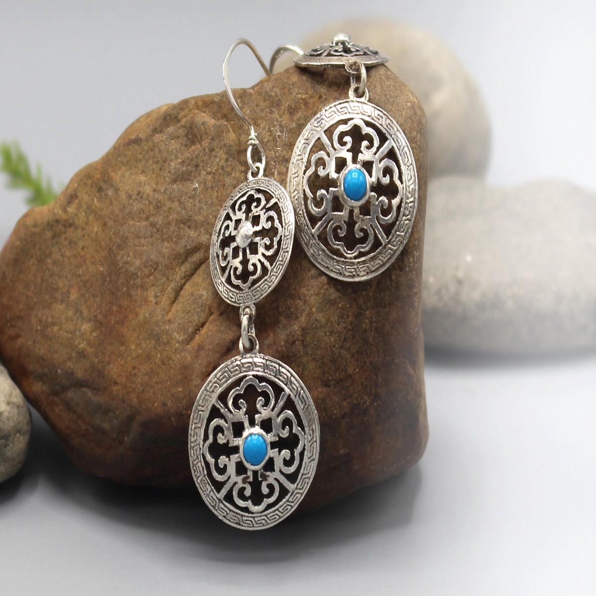 Double Mandala Dangle Sterling Silver Earrings