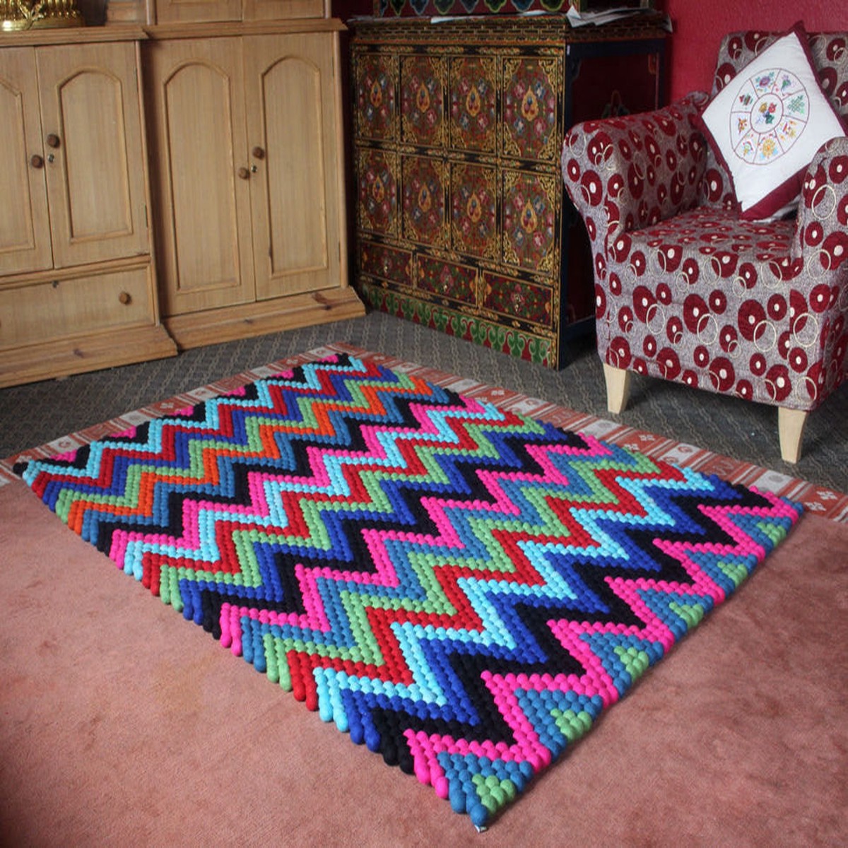 Rectangular Multicolor Felt Ball Rug