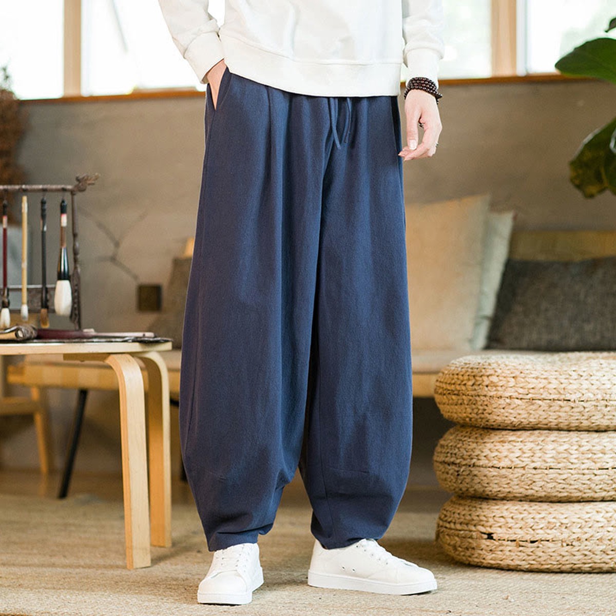 Harem pants with pockets, solid color, with Buddha Stones.